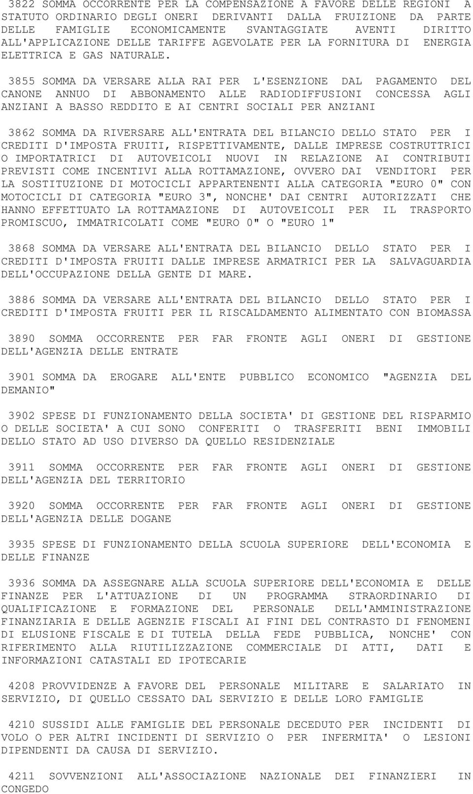 3855 SOMMA DA VERSARE ALLA RAI PER L'ESENZIONE DAL PAGAMENTO DEL CANONE ANNUO DI ABBONAMENTO ALLE RADIODIFFUSIONI CONCESSA AGLI ANZIANI A BASSO REDDITO E AI CENTRI SOCIALI PER ANZIANI 3862 SOMMA DA