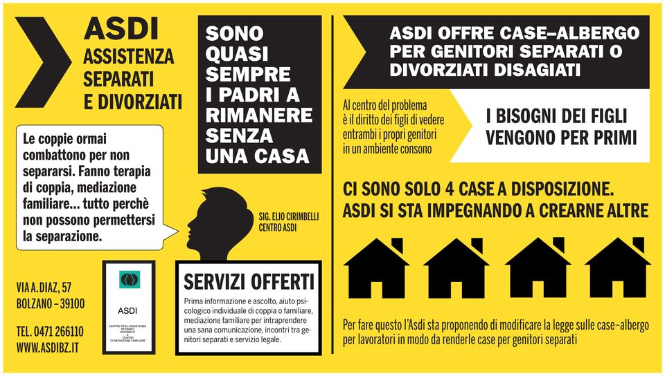 .. tutto perchè non possono permettersi la separazione. sig. elio cirimbelli centro asdi ci sono solo 4 case a disposizione. asdi si sta impegnando a crearne altre Via A. Diaz, 57 Bolzano 39100 Tel.