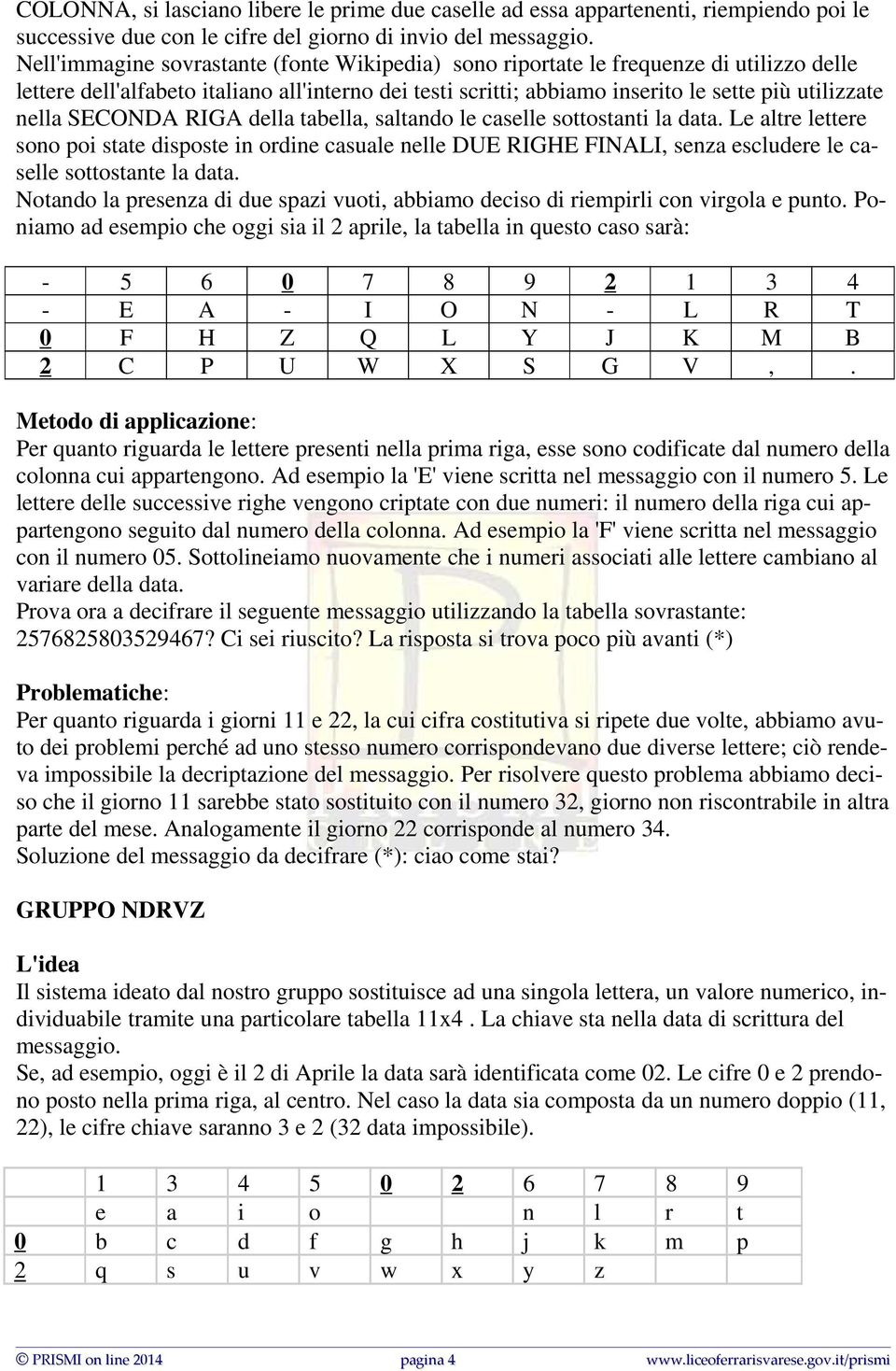 SECONDA RIGA della tabella, saltando le caselle sottostanti la data. Le altre lettere sono poi state disposte in ordine casuale nelle DUE RIGHE FINALI, senza escludere le caselle sottostante la data.