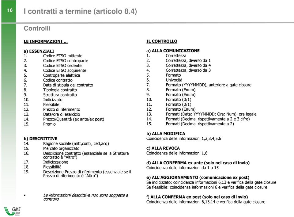 Data/ora di esercizio 14. Prezzo/Quantità (ex ante/ex post) 15. Premio b) DESCRITTIVE 14. Ragione sociale (mitt,contr, ced,acq) 15. Mercato organizzato 16.