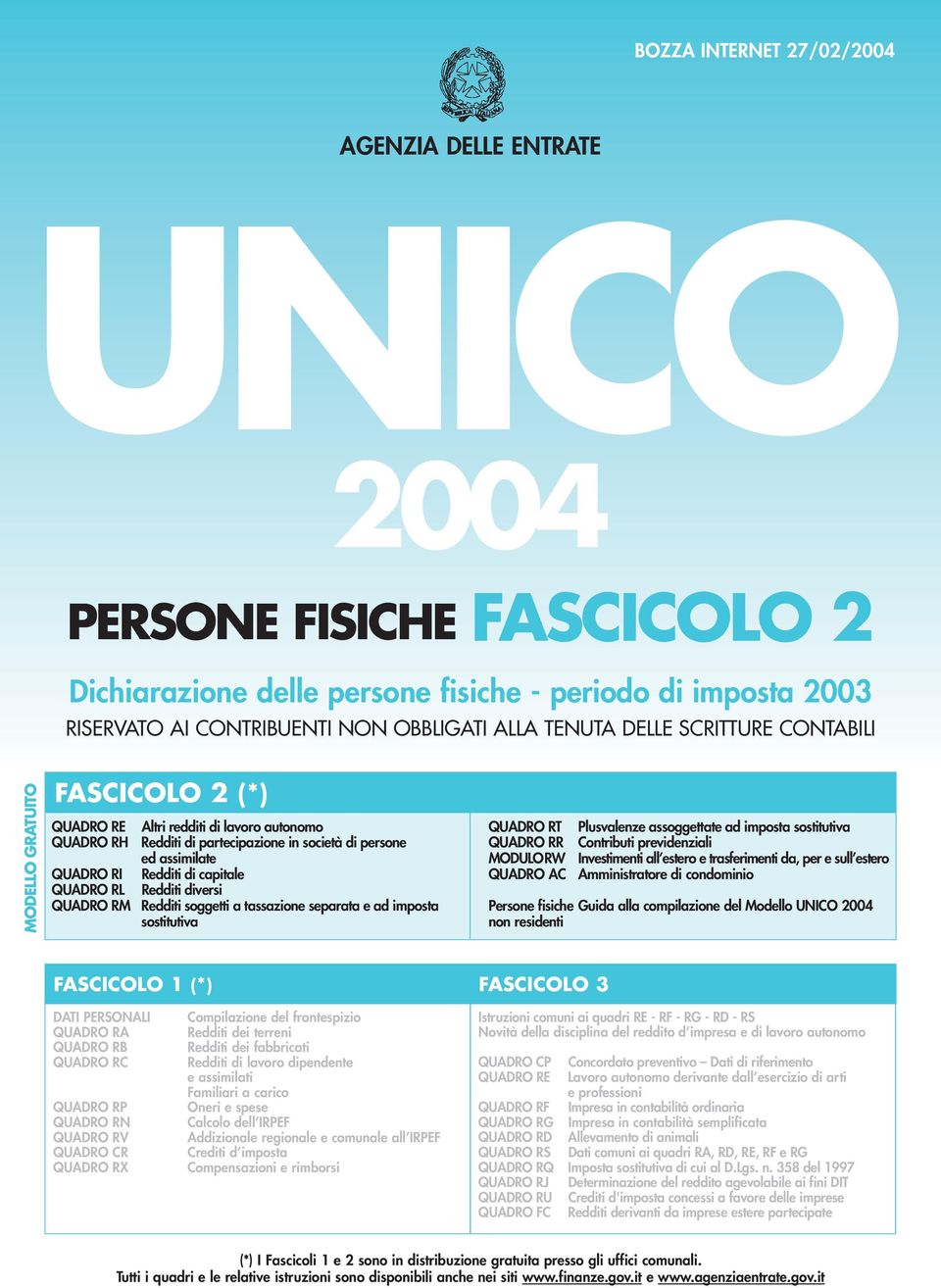 Redditi diversi QUADRO RM Redditi soggetti a tassazione separata e ad imposta sostitutiva QUADRO RT QUADRO RR MODULORW QUADRO AC Plusvalenze assoggettate ad imposta sostitutiva Contributi