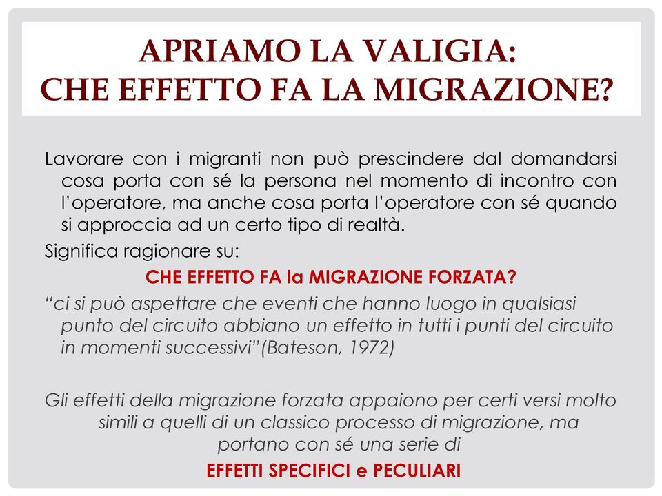 quando si approccia ad un certo tipo di realtà. Significa ragionare su: CHE EFFETTO FA la MIGRAZIONE FORZATA?