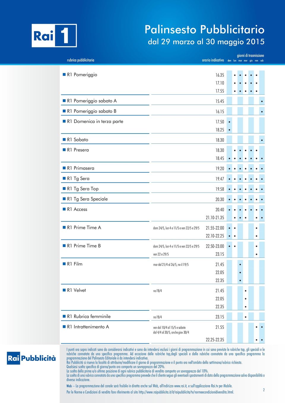 25 R1 Prime Time B dom 24/5, lun 4 e 11/5 e ven 22/5 e 29/5 22.50-23.00 ven 22 e 29/5 23.15 R1 Film mar dal 21/4 al 26/5, no il 19/5 21.45 22.05 22.35 R1 Velvet no l'8/4 21.45 22.05 22.35 R1 Rubrica femminile no l'8/4 23.
