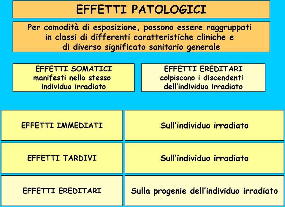 individuo irradiato EFFETTI EREDITARI colpiscono i discendenti dell individuo irradiato EFFETTI IMMEDIATI