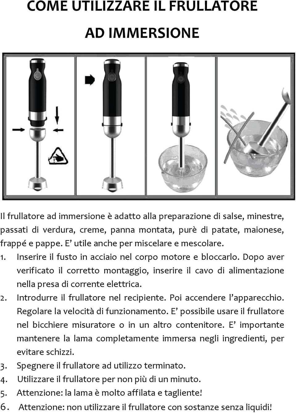 Dopo aver verificato il corretto montaggio, inserire il cavo di alimentazione nella presa di corrente elettrica. 2. Introdurre il frullatore nel recipiente. Poi accendere l apparecchio.