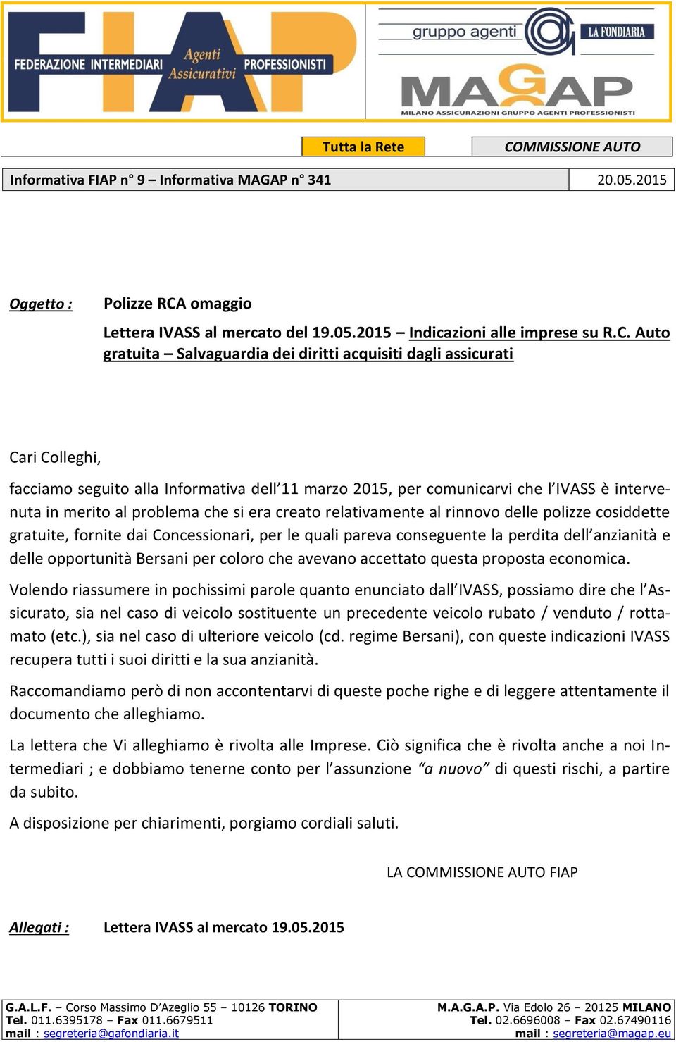 omaggio Lettera IVASS al mercato del 19.05.2015 Indicazioni alle imprese su R.C.