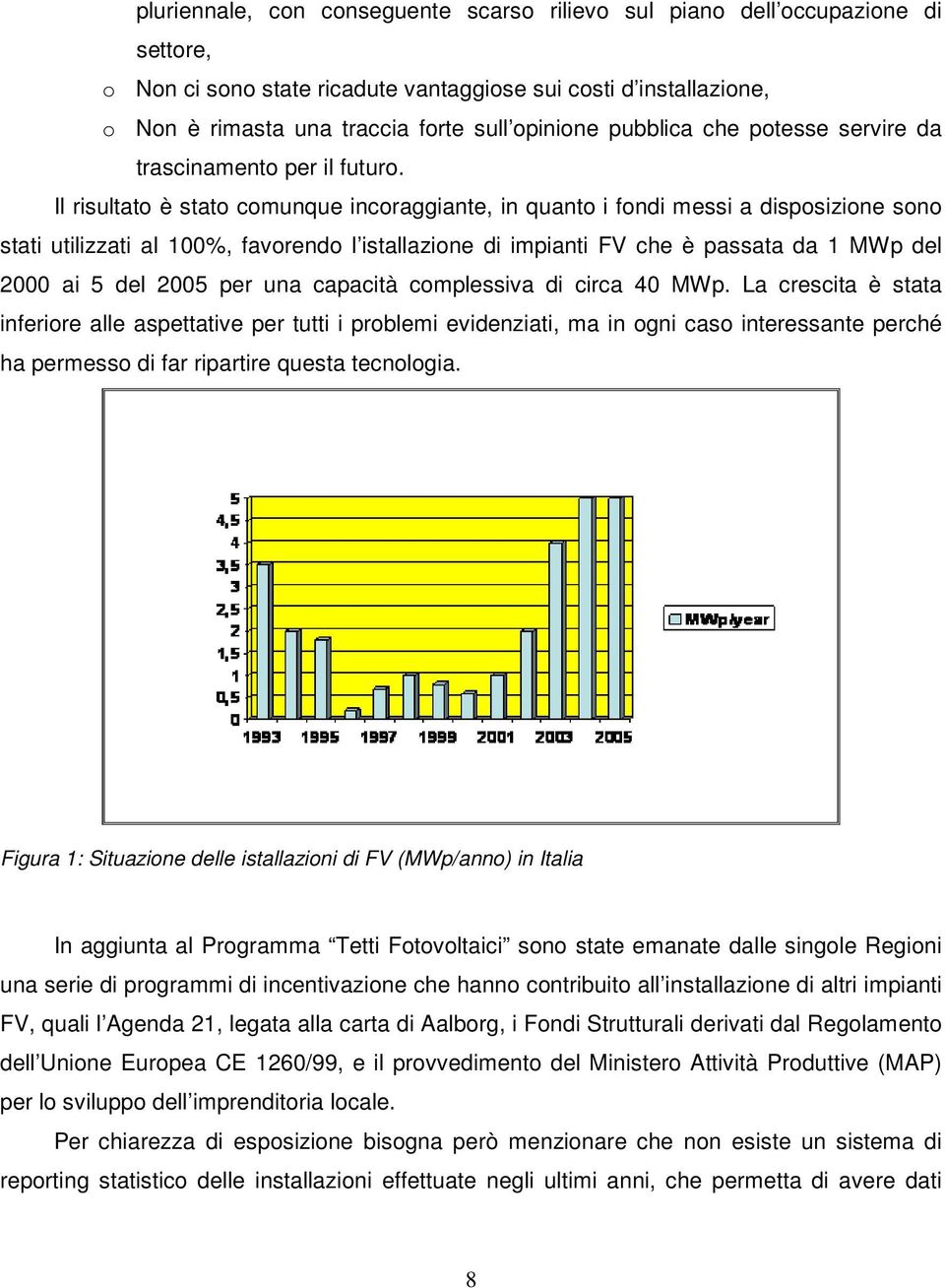 Il risultato è stato comunque incoraggiante, in quanto i fondi messi a disposizione sono stati utilizzati al 100%, favorendo l istallazione di impianti FV che è passata da 1 MWp del 2000 ai 5 del