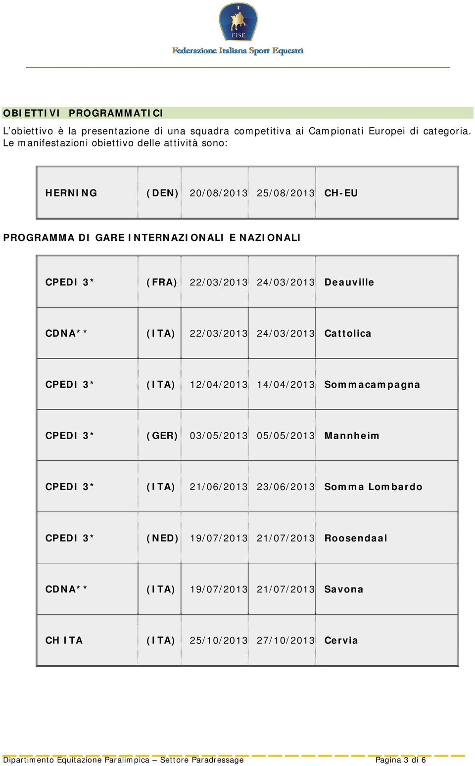 Deauville CDNA** (ITA) 22/03/2013 24/03/2013 Cattolica CPEDI 3* (ITA) 12/04/2013 14/04/2013 Sommacampagna CPEDI 3* (GER) 03/05/2013 05/05/2013 Mannheim CPEDI 3* (ITA)