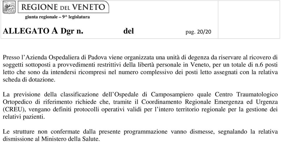 un totale di n.6 posti letto che sono da intendersi ricompresi nel numero complessivo dei posti letto assegnati con la relativa scheda di dotazione.