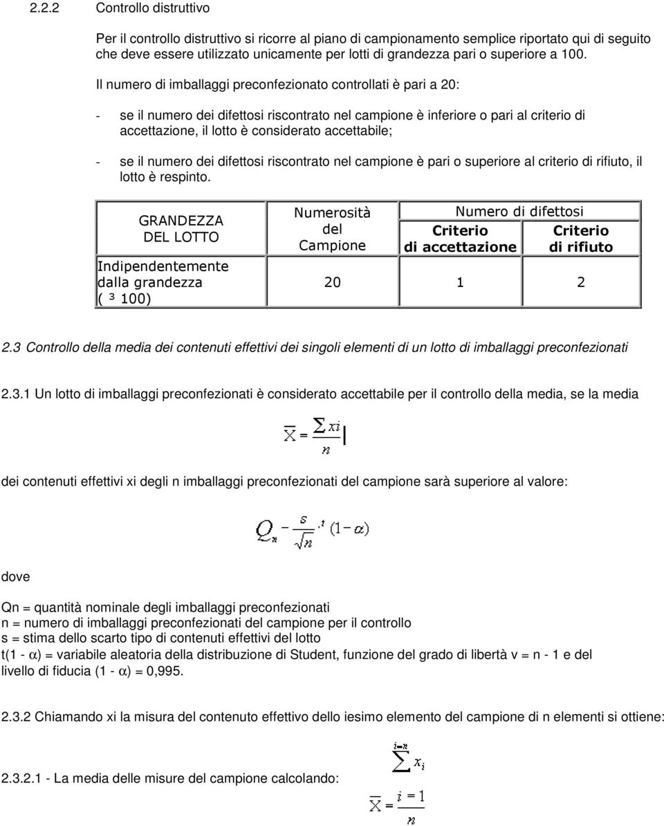 Il numero di imballaggi preconfezionato controllati è pari a 20: - se il numero dei difettosi riscontrato nel campione è inferiore o pari al criterio di accettazione, il lotto è considerato