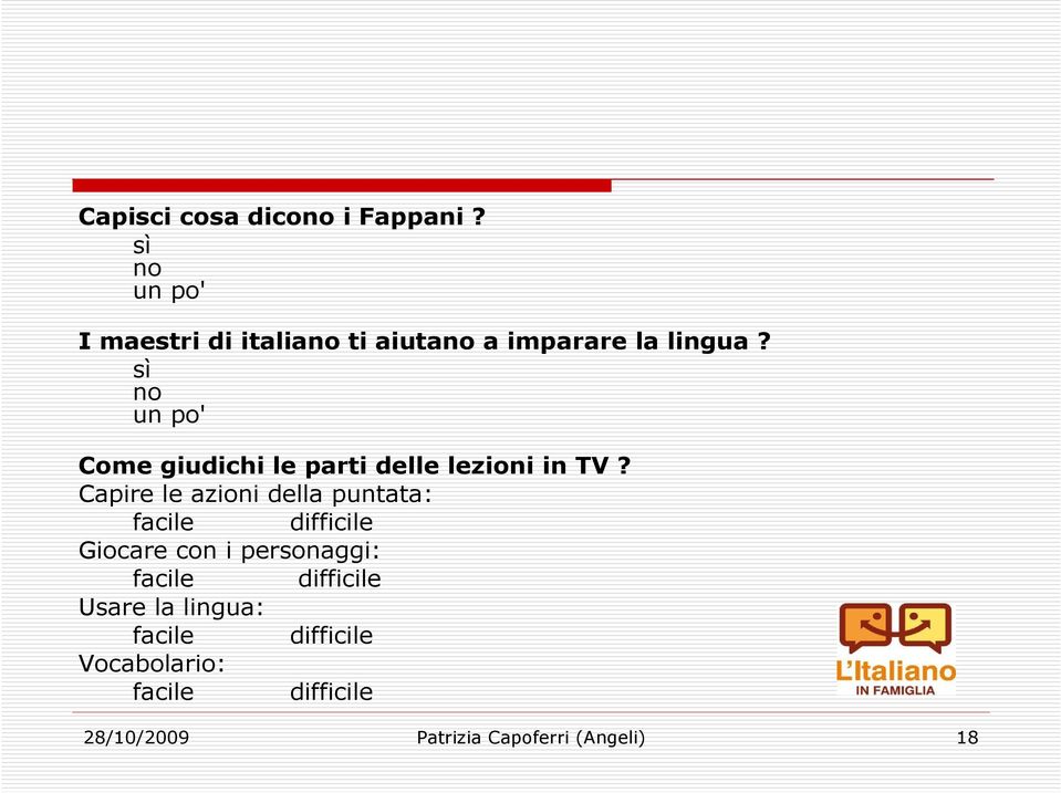 sì no un po' Come giudichi le parti delle lezioni in TV?