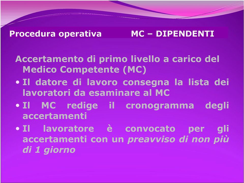 esaminare al MC Il MC redige il cronogramma accertamenti degli Il