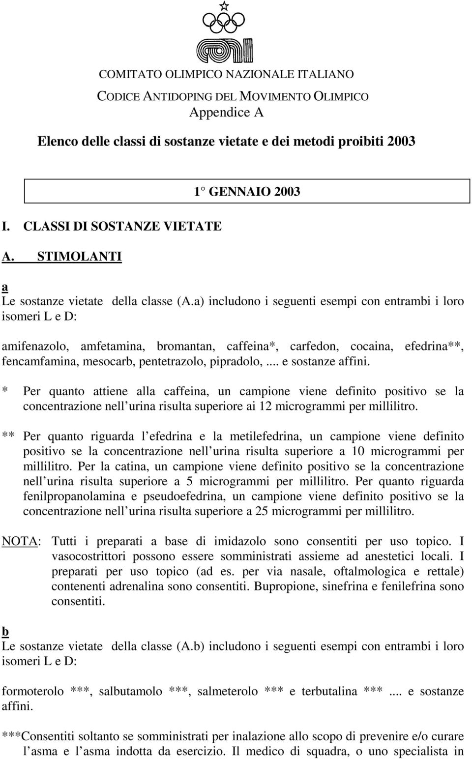 a) includono i seguenti esempi con entrambi i loro isomeri L e D: amifenazolo, amfetamina, bromantan, caffeina*, carfedon, cocaina, efedrina**, fencamfamina, mesocarb, pentetrazolo, pipradolo,.