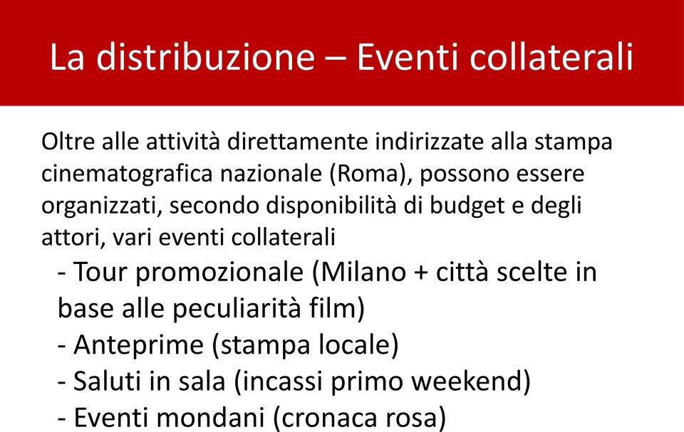 degli attori, vari eventi collaterali - Tour promozionale (Milano + città scelte in base alle