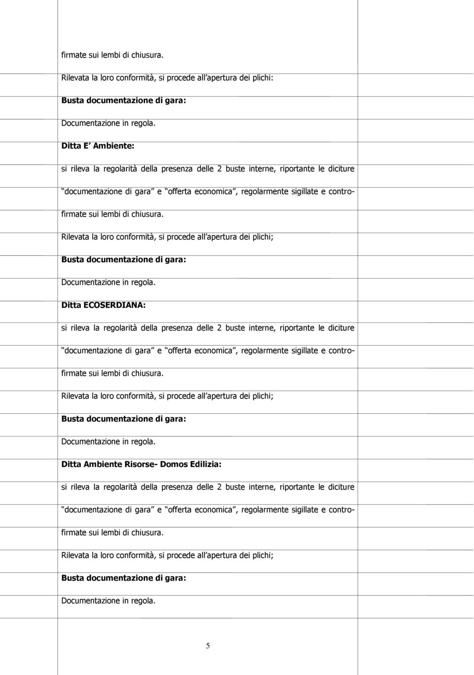 ECOSERDIANA: Rilevata la loro conformità, si procede all apertura dei plichi; Ditta