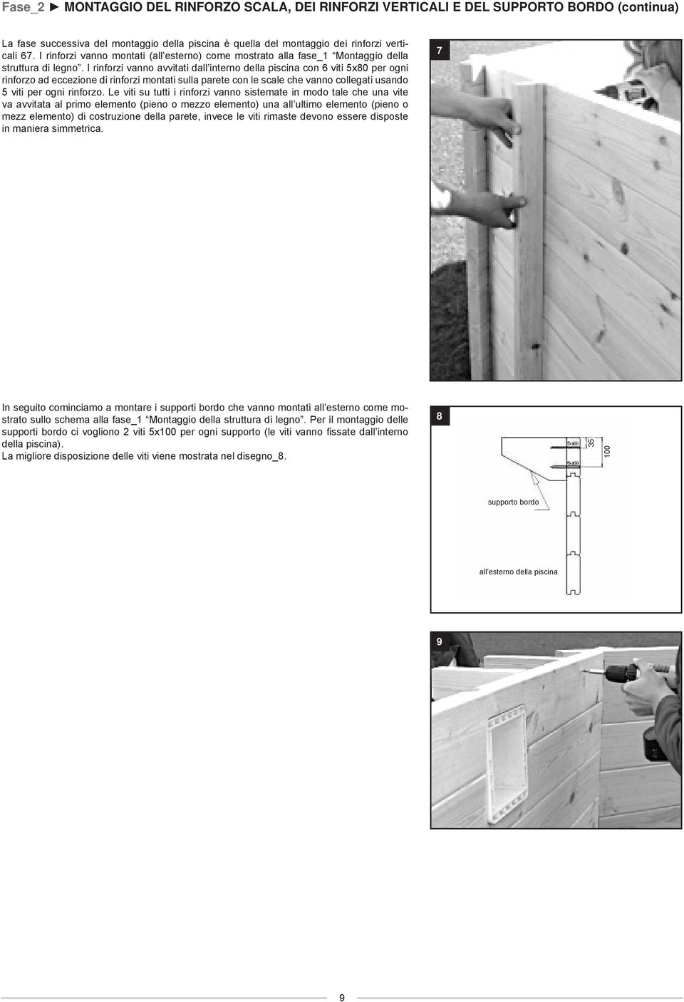 I rinforzi vanno avvitati dall interno della piscina con 6 viti 5x80 per ogni rinforzo ad eccezione di rinforzi montati sulla parete con le scale che vanno collegati usando 5 viti per ogni rinforzo.