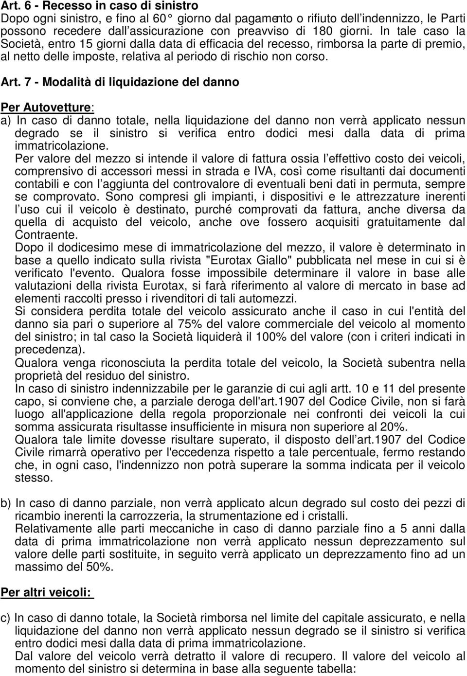 7 - Modalità di liquidazione del danno Per Autovetture: a) In caso di danno totale, nella liquidazione del danno non verrà applicato nessun degrado se il sinistro si verifica entro dodici mesi dalla