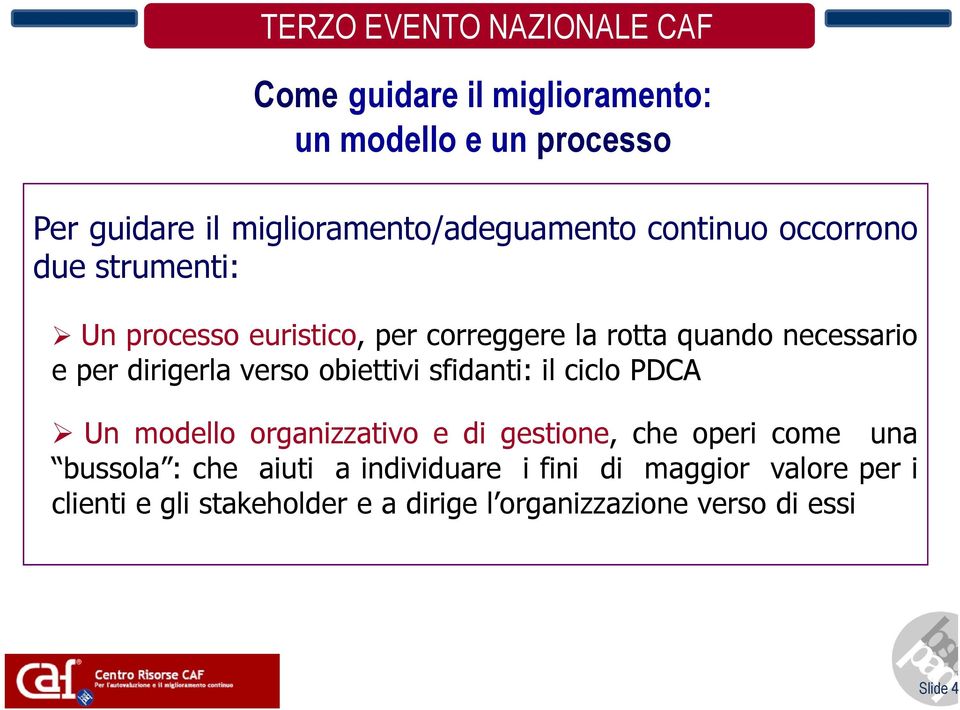 obiettivi sfidanti: il ciclo PDCA Un modello organizzativo e di gestione, che operi come una bussola : che aiuti