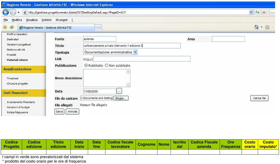 azienda Ore Frequenza Costo orario Costo imputato* I campi in verde
