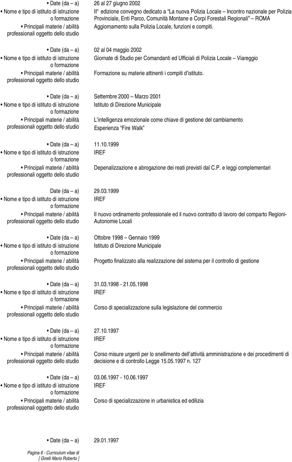 Date (da a) 02 al 04 maggio 2002 Nome e tipo di istituto di istruzione Giornate di Studio per Comandanti ed Ufficiali di Polizia Locale Viareggio Principali materie / abilità Formazione su materie