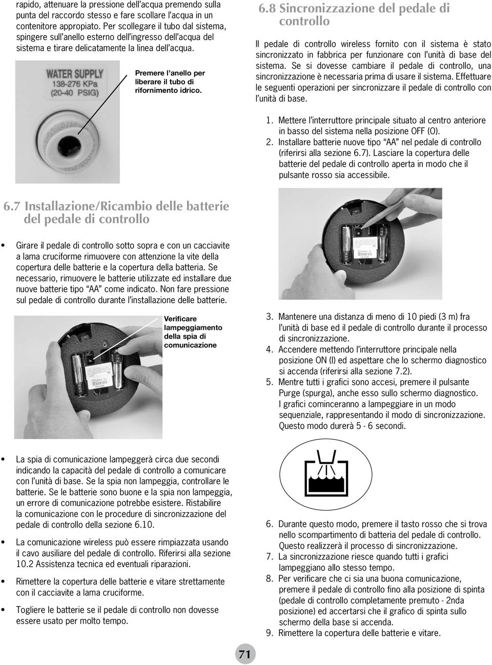 Premere l anello per liberare il tubo di rifornimento idrico. Il pedale di controllo wireless fornito con il sistema è stato sincronizzato in fabbrica per funzionare con l unità di base del sistema.