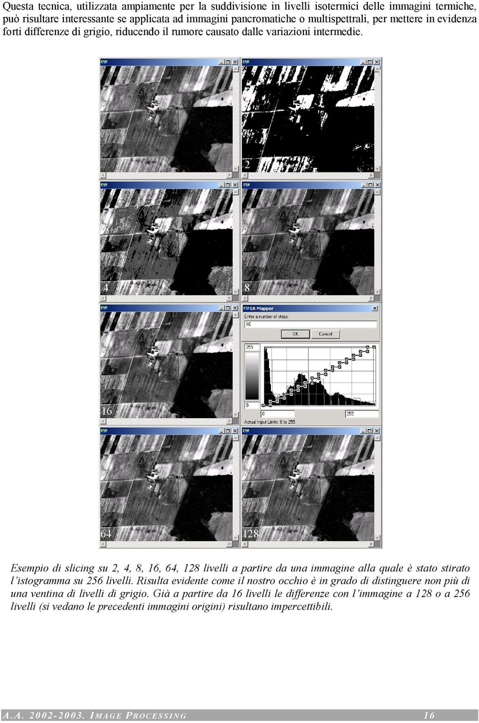 2 4 8 16 64 128 Esempio di slicing su 2, 4, 8, 16, 64, 128 livelli a partire da una immagine alla quale è stato stirato l istogramma su 256 livelli.