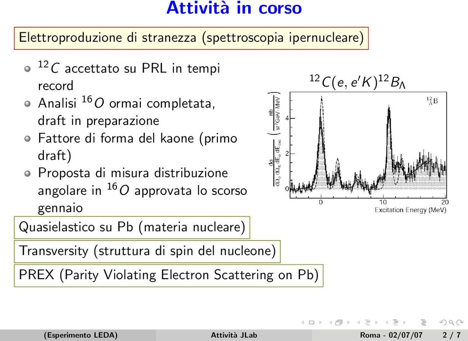 angolare in 16 O approvata lo scorso gennaio Quasielastico su Pb (materia nucleare) Transversity (struttura di spin del