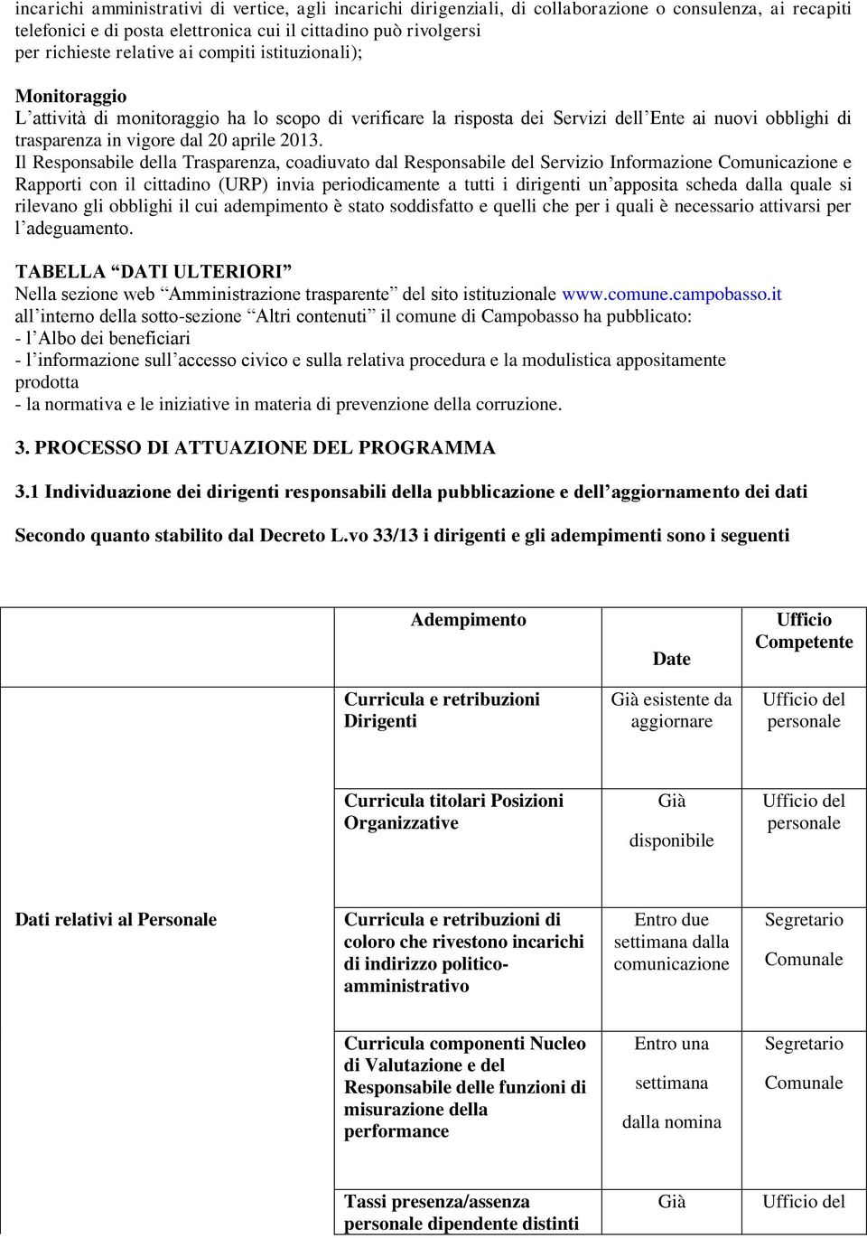 Il della Trasparenza, coadiuvato dal del Servizio Informazione Comunicazione e Rapporti con il cittadino (URP) invia periodicamente a tutti i dirigenti un apposita scheda dalla quale si rilevano gli