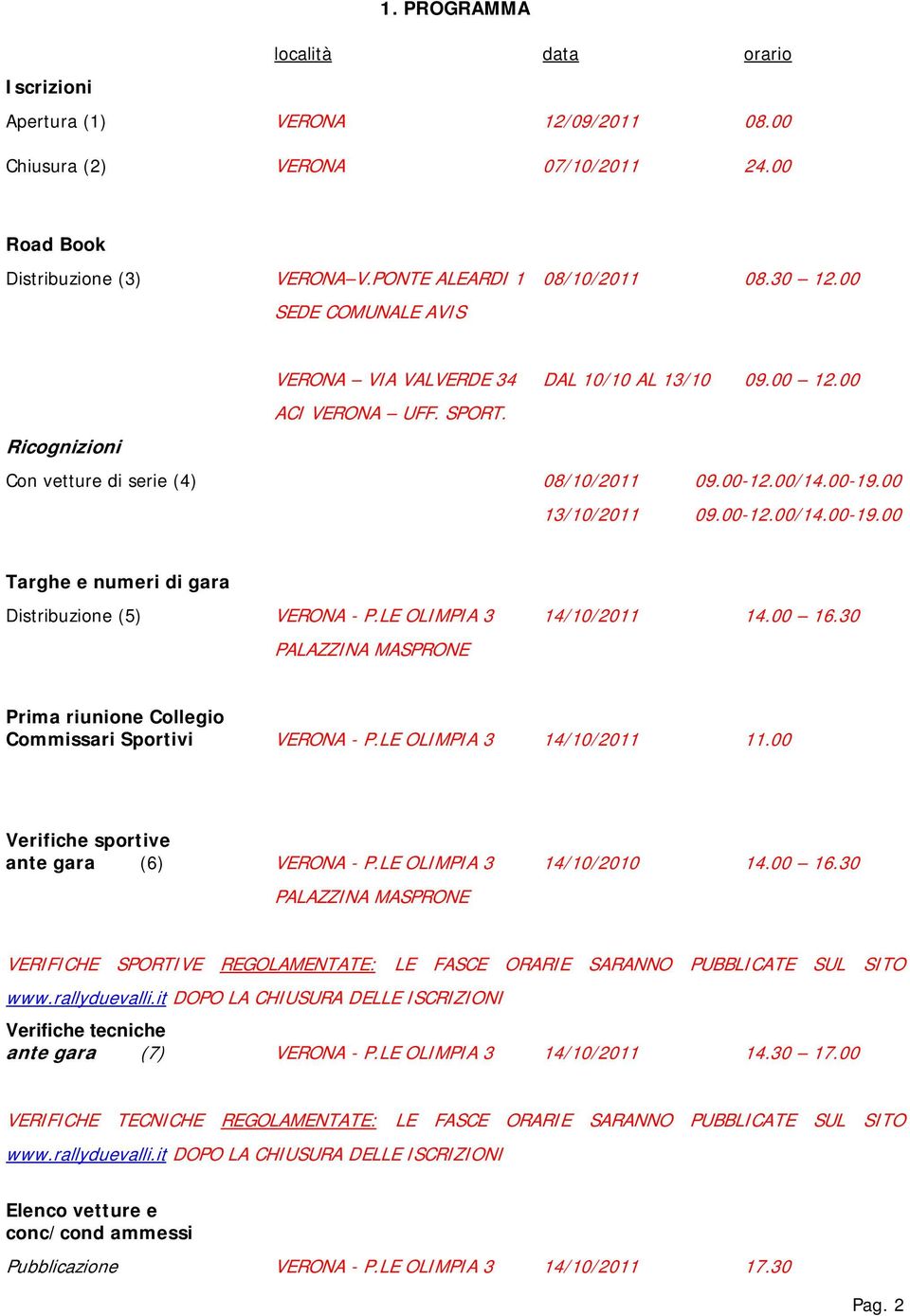 00 13/10/2011 09.00-12.00/14.00-19.00 Targhe e numeri di gara Distribuzione (5) VERONA - P.LE OLIMPIA 3 14/10/2011 14.00 16.