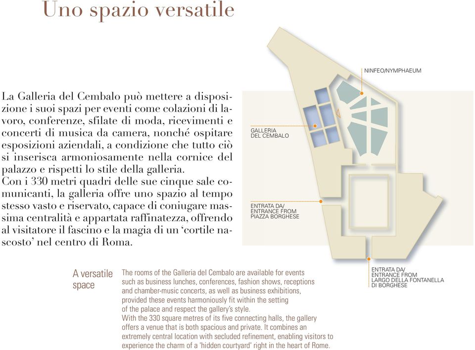 Con i 330 metri quadri delle sue cinque sale comunicanti, la galleria offre uno spazio al tempo stesso vasto e riservato, capace di coniugare massima centralità e appartata raffinatezza, offrendo al