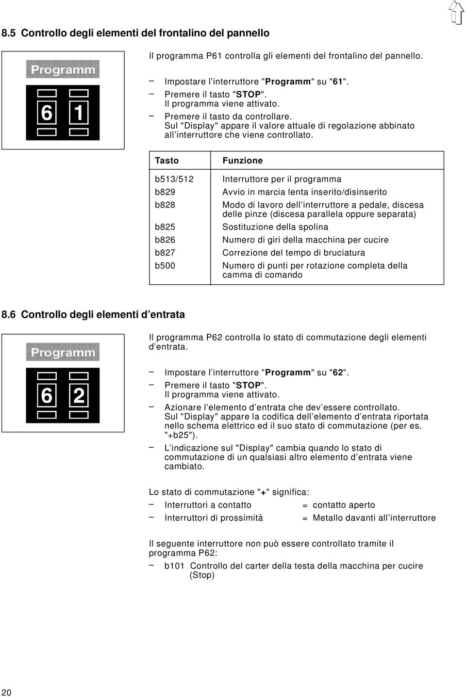 Tasto Funzione b513/512 Interruttore per il programma b829 Avvio in marcia lenta inserito/disinserito b828 Modo di lavoro dell interruttore a pedale, discesa delle pinze (discesa parallela oppure