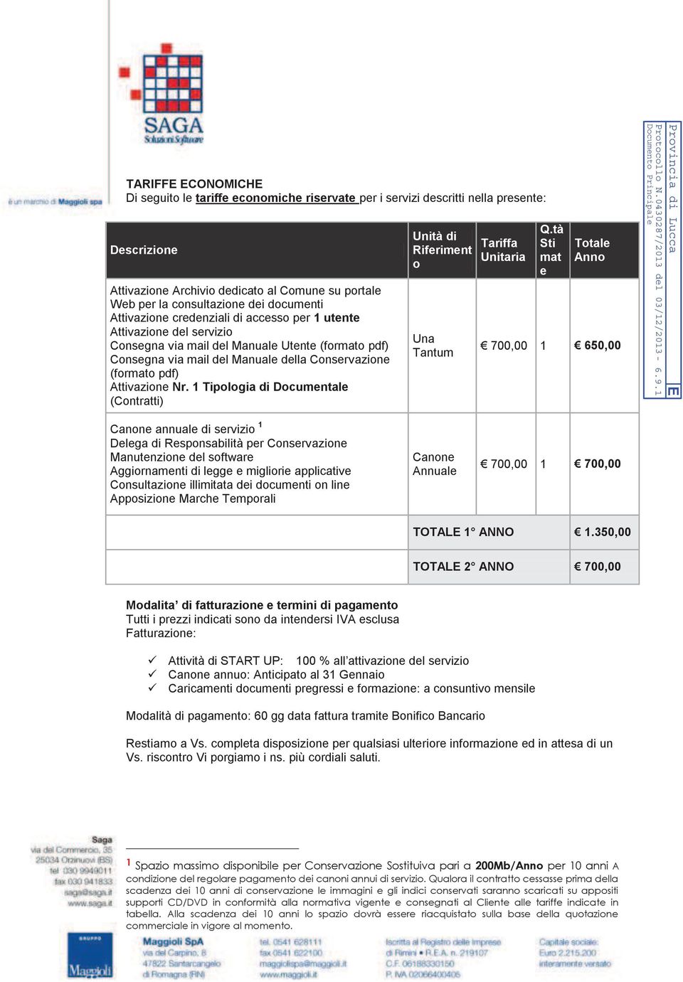 1 Tiplgia di Dcumentale (Cntratti) Unità di Riferiment Una Tantum Tariffa Unitaria Q.tà Sti mat e Ttale Ann 700,00 1 650,00 Prvincia di Lucca E Prtcll N.0430287/2013 del 03/12/2013-6.9.