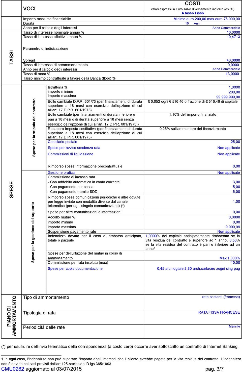 Spread +0,0000 Tasso di interesse di preammortamento 0,0000 Anno per il calcolo degli interessi Anno Commerciale Tasso di mora % 13,0000 Tasso minimo contrattuale a favore della Banca (floor) % Spese