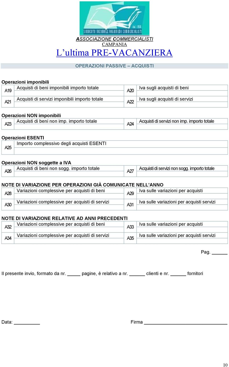 importo totale Operazioni ESENTI Importo complessivo degli acquisti ESENTI A25 Operazioni NON soggette a IVA Acquisti di beni non sogg. importo totale A26 A27 Acquisti di servizi non sogg.