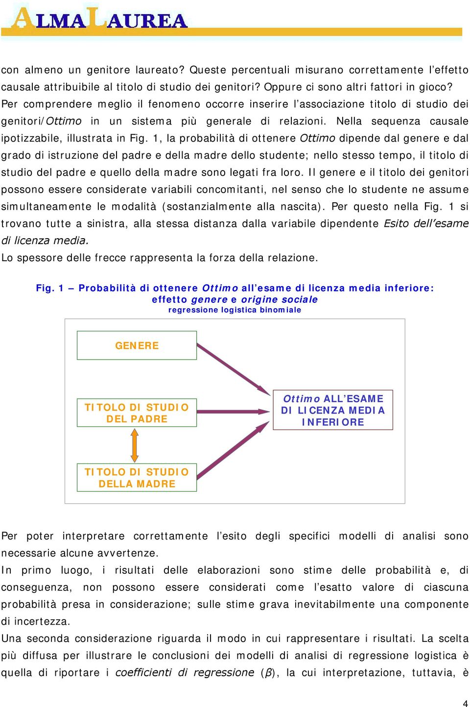 1, la probabilità di ottenere Ottimo dipende dal genere e dal grado di istruzione del padre e della madre dello studente; nello stesso tempo, il titolo di studio del padre e quello della madre sono