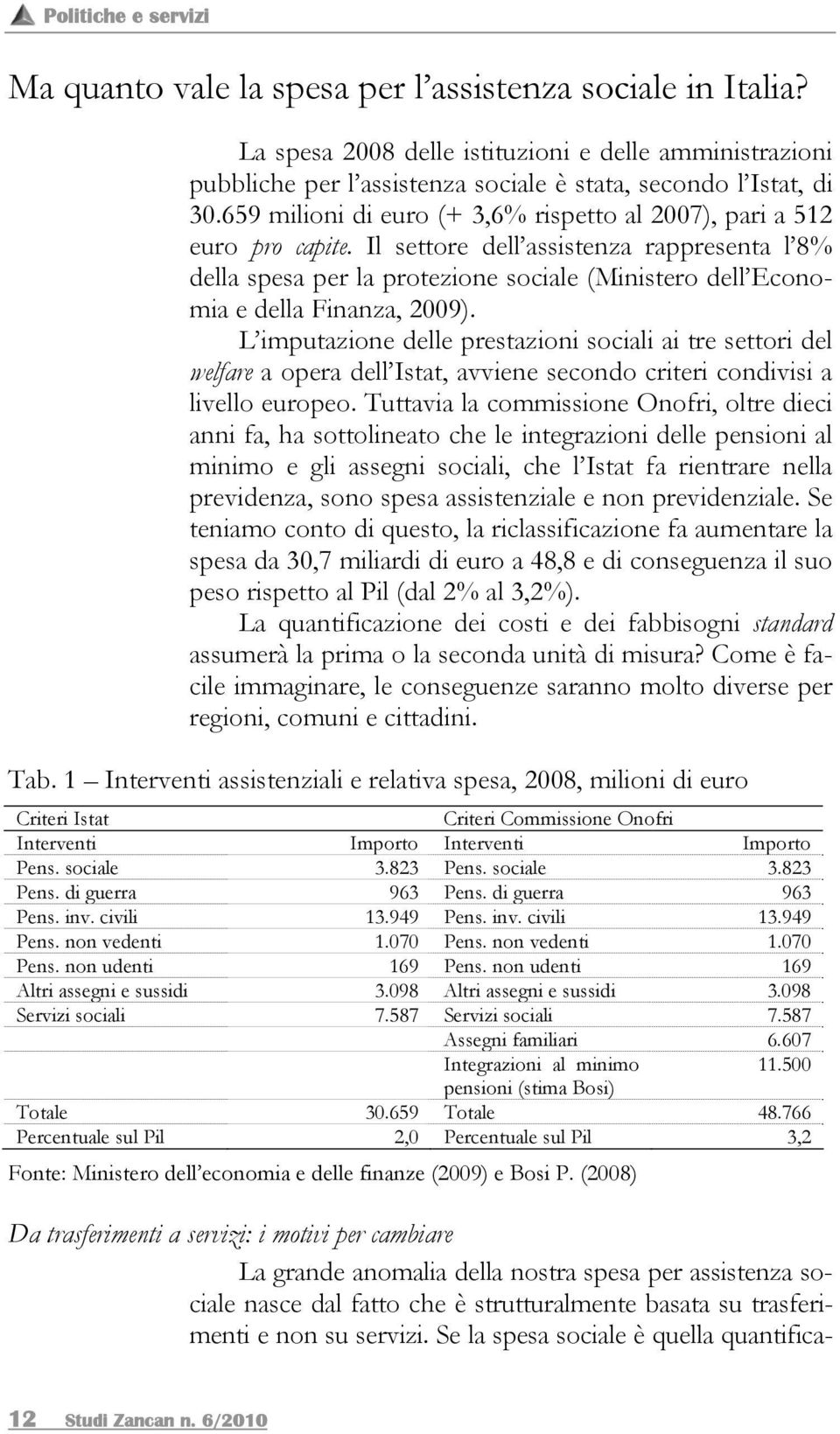 Il settore dell assistenza rappresenta l 8% della spesa per la protezione sociale (Ministero dell Economia e della Finanza, 2009).