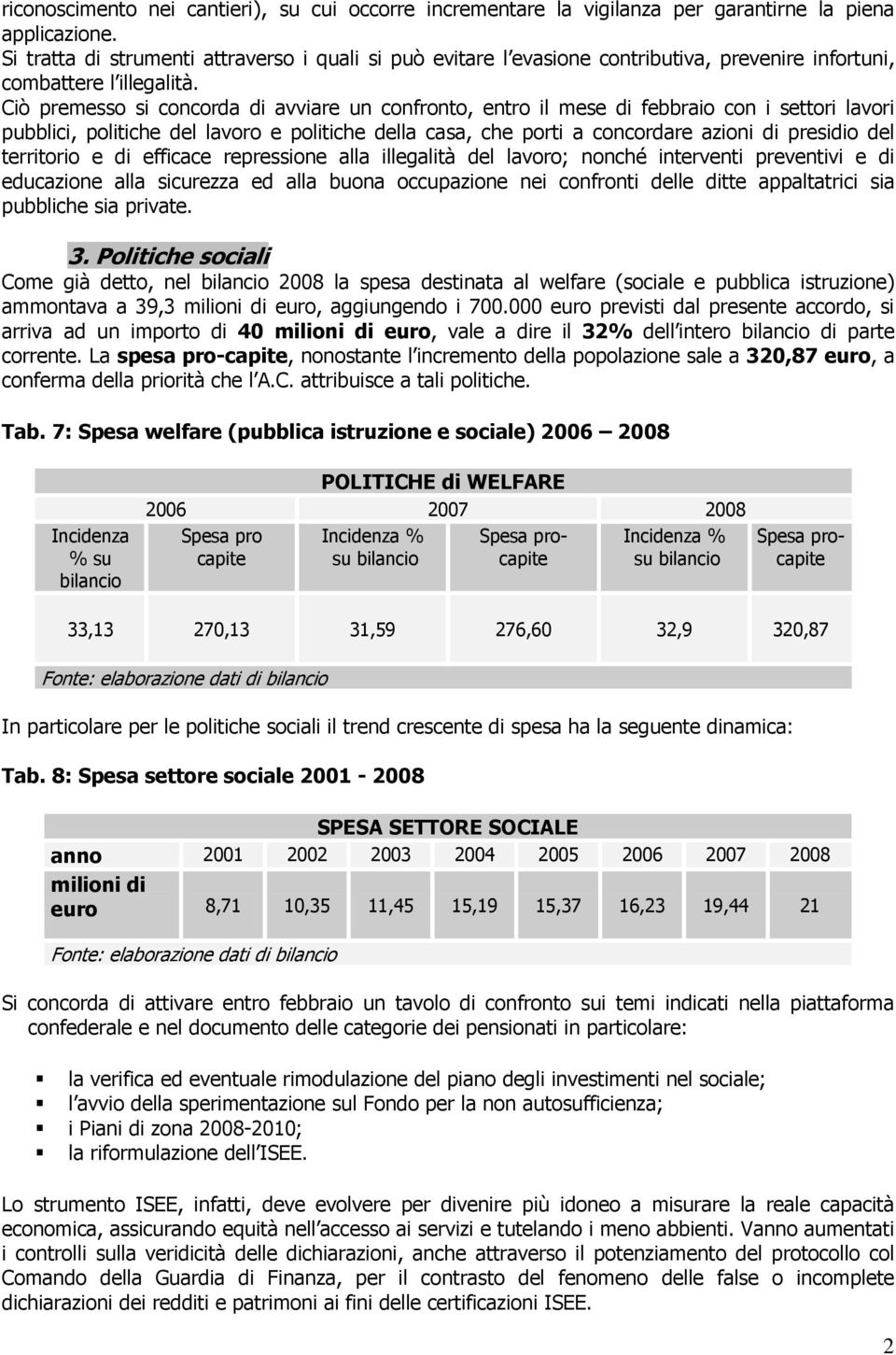 Ciò premesso si concorda di avviare un confronto, entro il mese di febbraio con i settori lavori pubblici, politiche del lavoro e politiche della casa, che porti a concordare azioni di presidio del