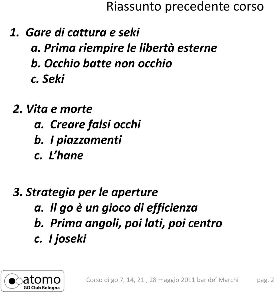 Creare falsi occhi b. I piazzamenti c. L hane 3. Strategia per le aperture a.