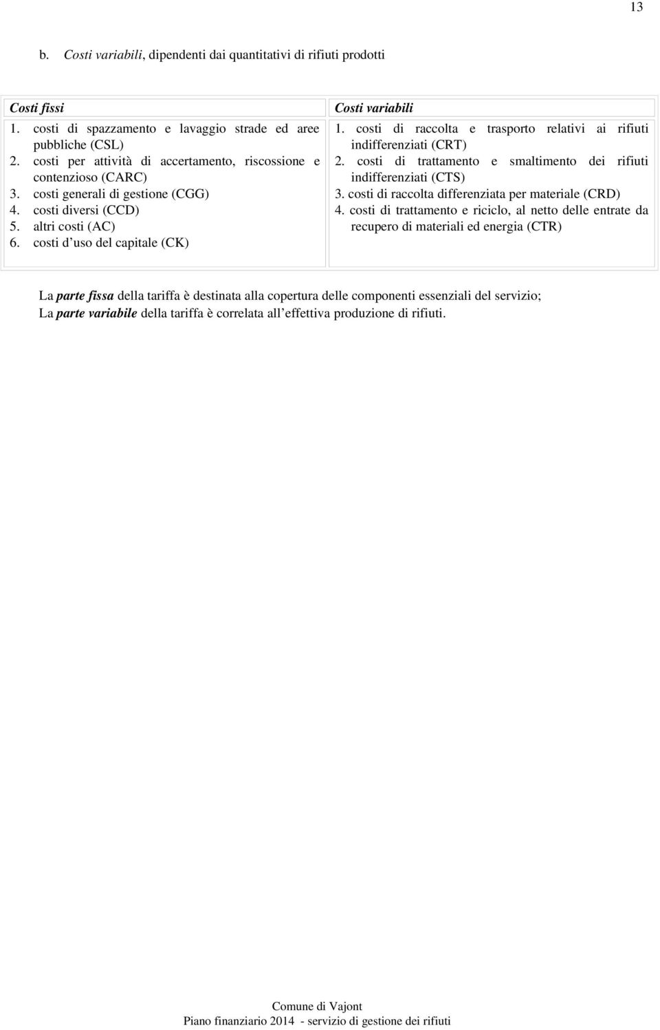 costi di raccolta e trasporto relativi ai rifiuti indifferenziati (CRT) 2. costi di trattamento e smaltimento dei rifiuti indifferenziati (CTS) 3.