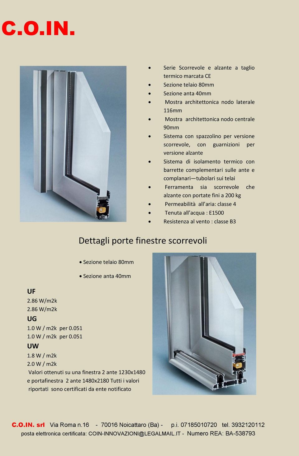 con portate fini a 200 kg Permeabilità all aria: classe 4 Tenuta all acqua : E1500 Resistenza al vento : classe B3 Dettagli porte finestre scorrevoli Sezione telaio 80mm Sezione anta 40mm UF 2.