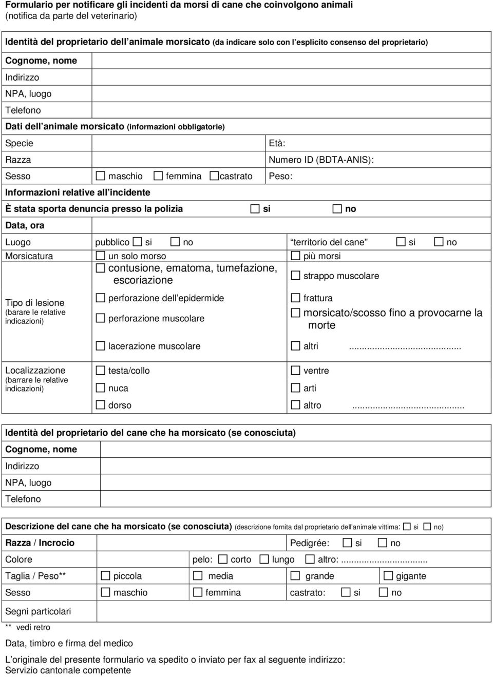 relative all incidente Numero ID (BDTA-ANIS): È stata sporta denuncia presso la polizia si no Data, ora Luogo pubblico si no territorio del cane si no Morsicatura un solo morso più morsi contusione,