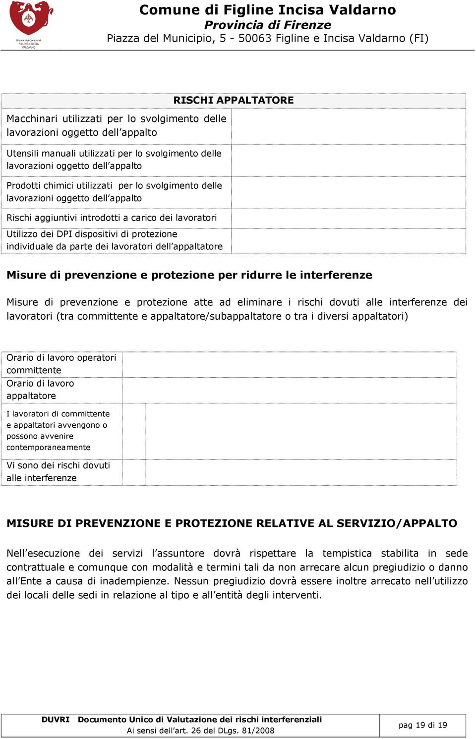 RISCHI PPLTTORE isure di prevenzione e protezione per ridurre le interferenze isure di prevenzione e protezione atte ad eliminare i rischi dovuti alle interferenze dei lavoratori (tra committente e