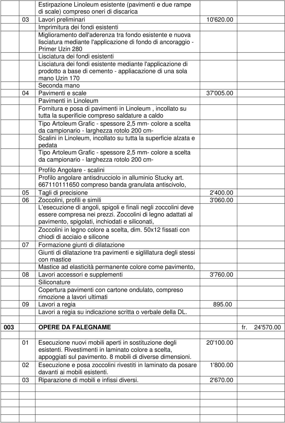 Lisciatura dei fondi esistente mediante l'applicazione di prodotto a base di cemento - appliacazione di una sola mano Uzin 170 Seconda mano 04 Pavimenti e scale 37'005.