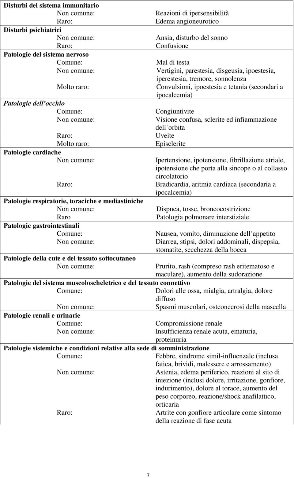 testa Vertigini, parestesia, disgeusia, ipoestesia, iperestesia, tremore, sonnolenza Convulsioni, ipoestesia e tetania (secondari a ipocalcemia) Congiuntivite Visione confusa, sclerite ed