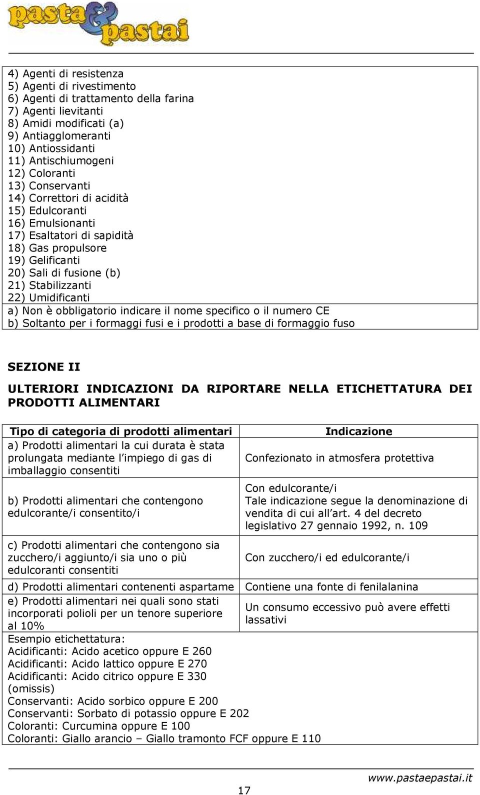 Umidificanti a) Non è obbligatorio indicare il nome specifico o il numero CE b) Soltanto per i formaggi fusi e i prodotti a base di formaggio fuso SEZIONE II ULTERIORI INDICAZIONI DA RIPORTARE NELLA