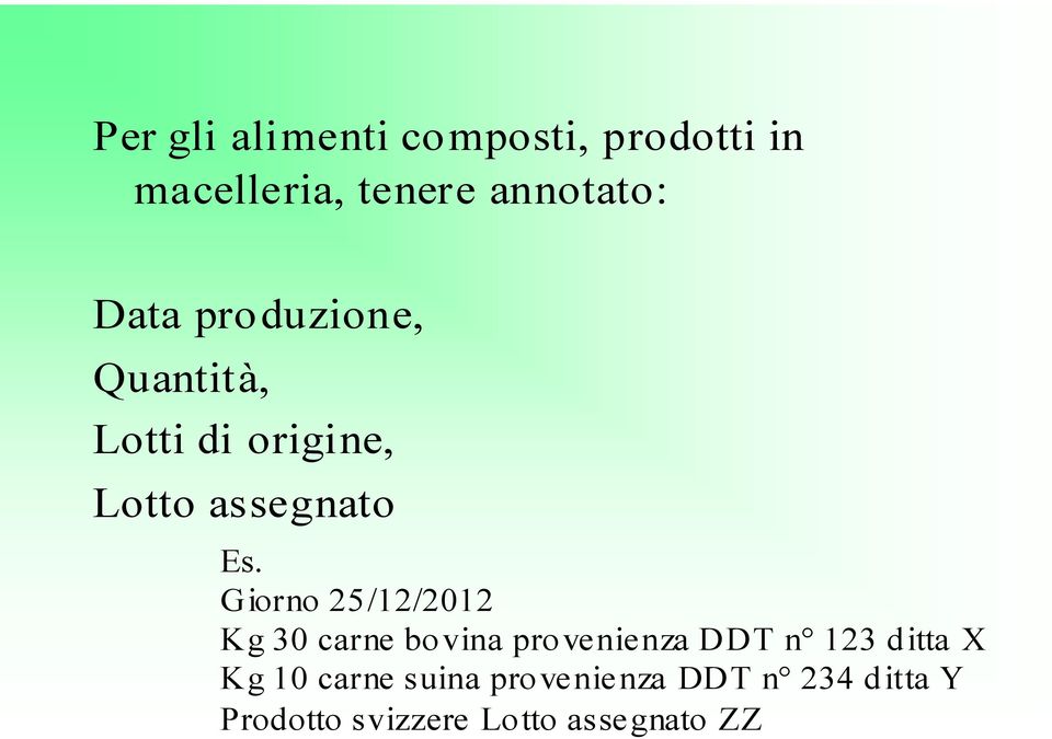 Giorno 25/12/2012 Kg 30 carne bovina provenienza DDT n 123 ditta X Kg