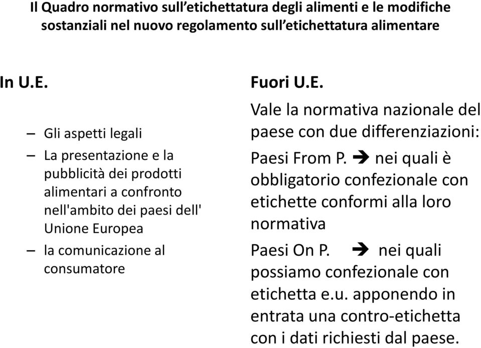 consumatore Fuori U.E. Vale la normativa nazionale del paese con due differenziazioni: Paesi From P.