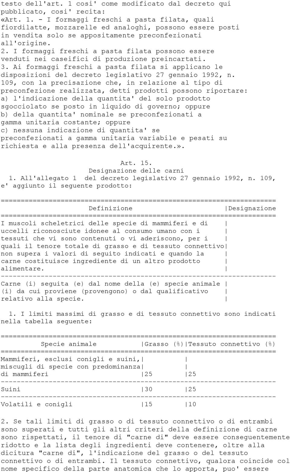 Ai formaggi freschi a pasta filata si applicano le disposizioni del decreto legislativo 27 gennaio 1992, n.