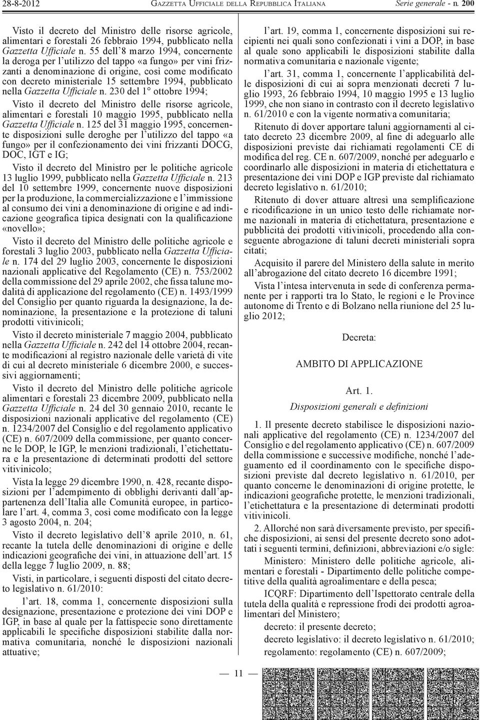 pubblicato nella Gazzetta Ufficiale n. 230 del 1 ottobre 1994; Visto il decreto del Ministro delle risorse agricole, alimentari e forestali 10 maggio 1995, pubblicato nella Gazzetta Ufficiale n.