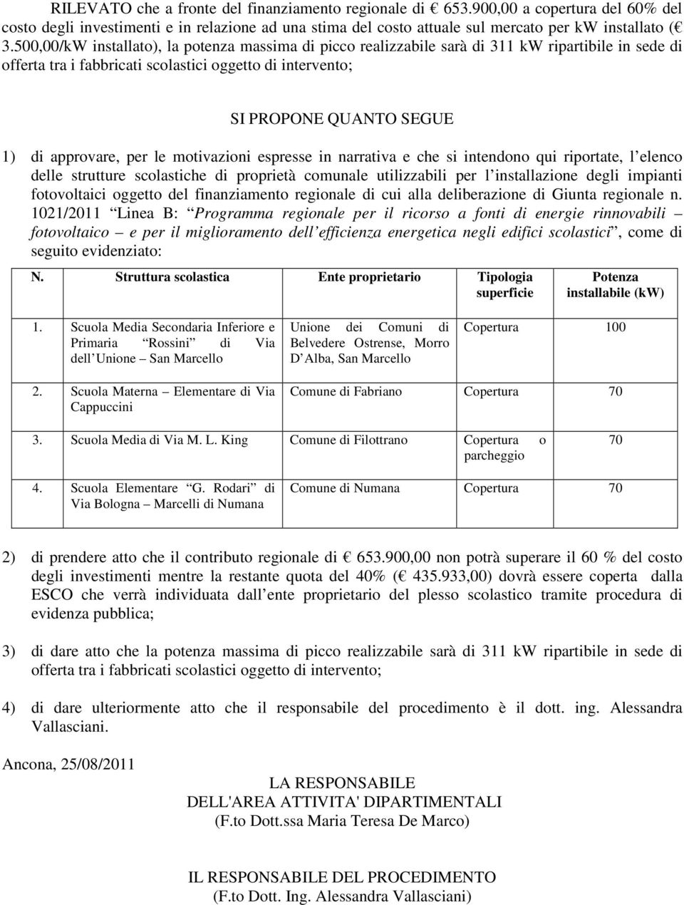 approvare, per le motivazioni espresse in narrativa e che si intendono qui riportate, l elenco delle strutture scolastiche di proprietà comunale utilizzabili per l installazione degli impianti